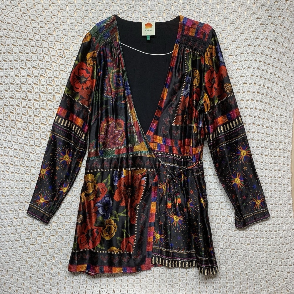Farm‎ Rio Mini Wrap Dress Women L Black Floral Mixed Arabesque Scarves Long Slv - Picture 12 of 16